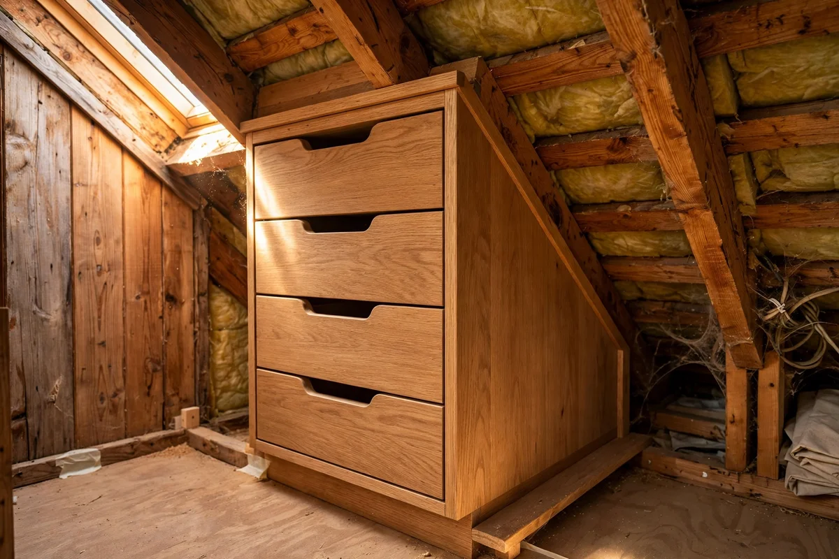 Soft-close drawers with finger pulls in attic eaves