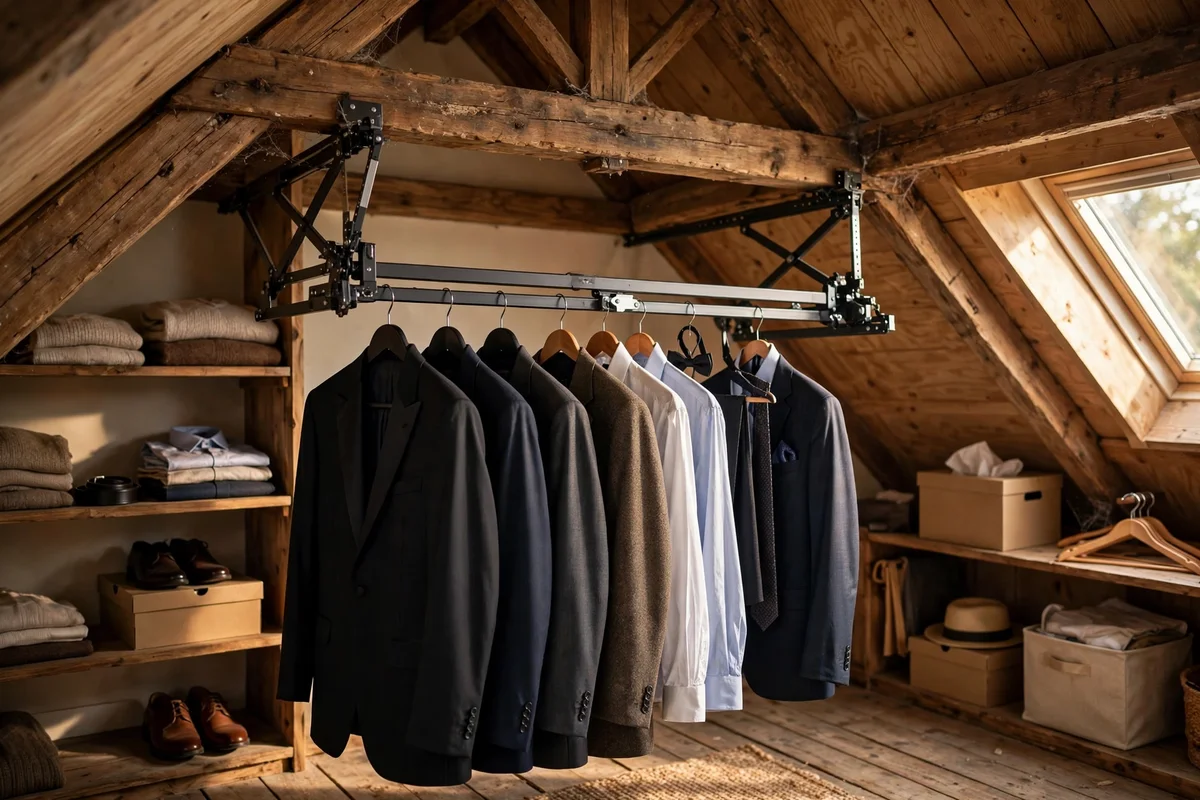 Pull-down rail lowered from the attic ridge