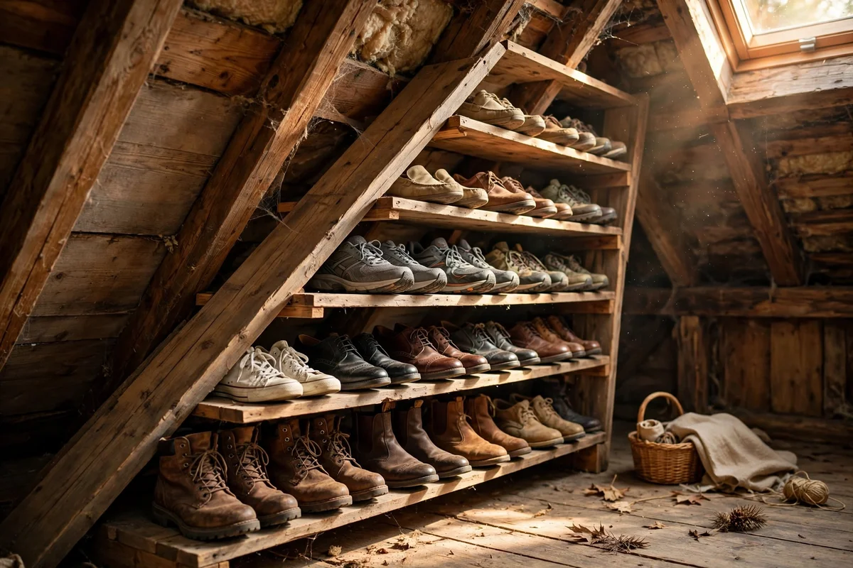 Slanted shoe rack angled into the attic slope