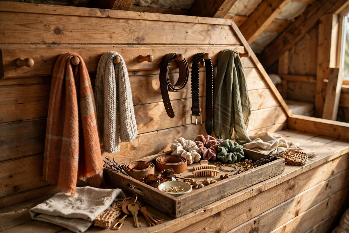 Peg hooks and tray for accessories on a knee wall