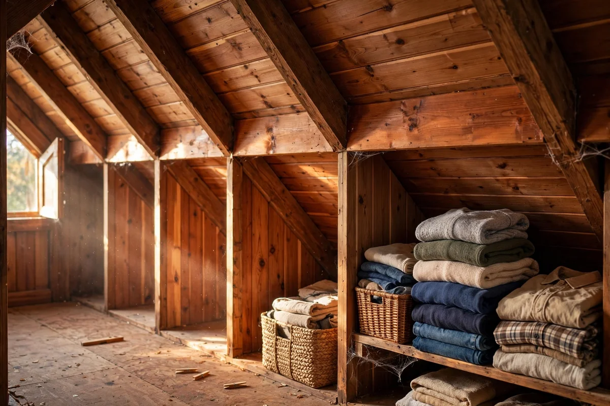 Cedar panels lining attic eaves storage bays