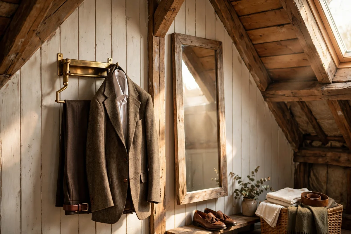 Fold-down valet hook with outfit on attic wall