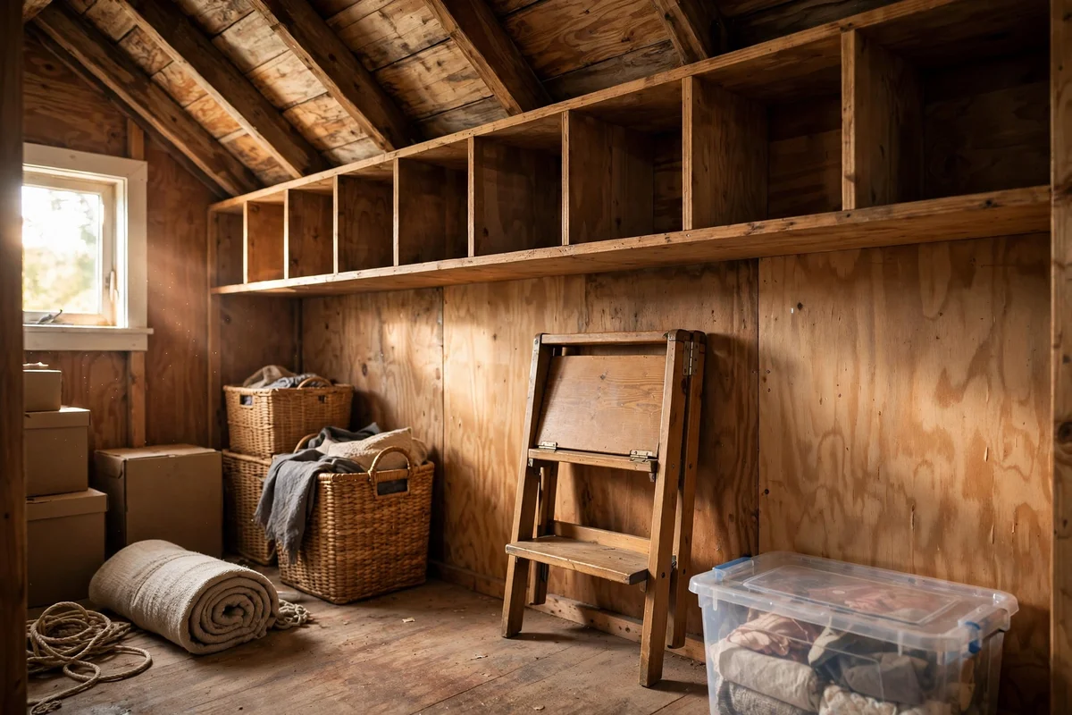 Folding step stool stored in an attic closet