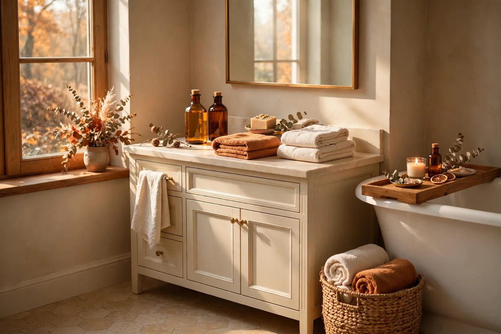 Warm autumn bathroom with rust towels, wooden bath tray and woven baskets in soft morning light