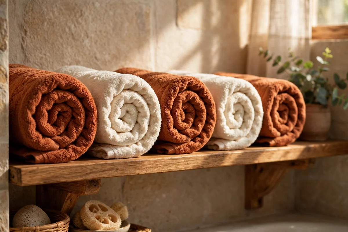 Rolled rust and cream bath towels lined neatly on an open wooden bathroom shelf