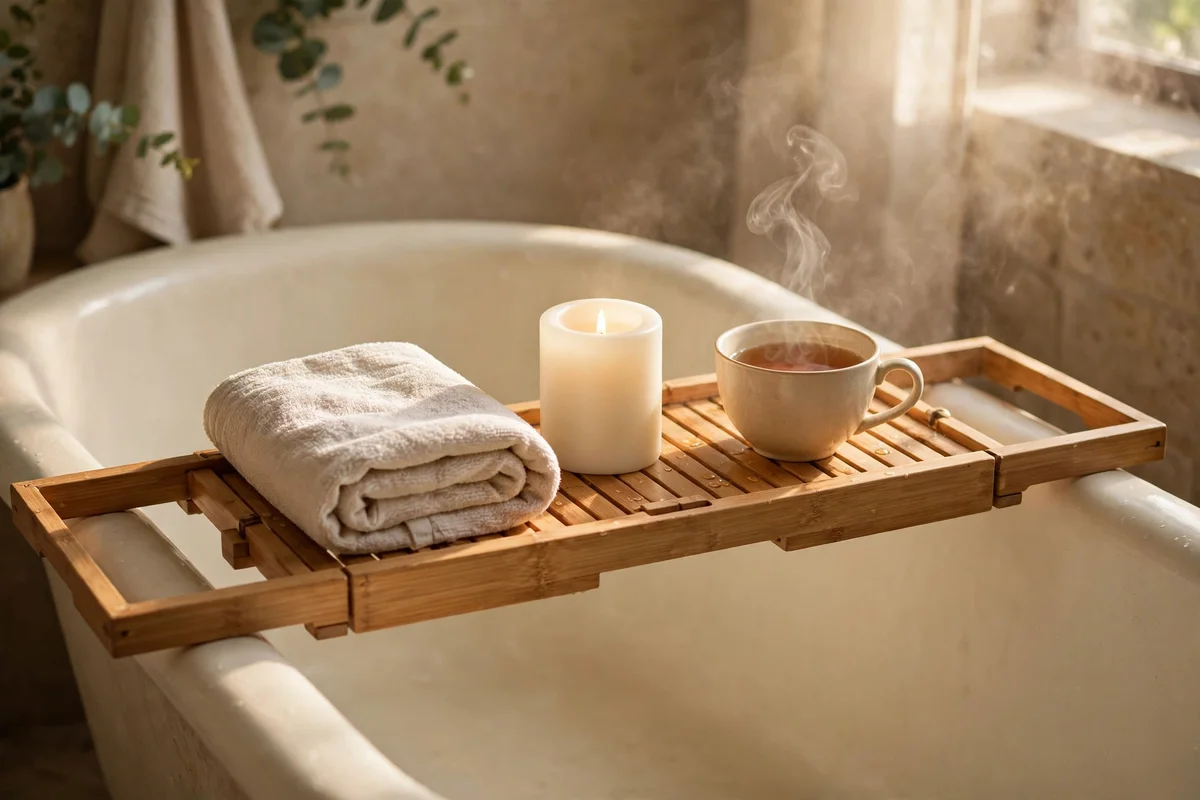 Wooden bath tray across a cream bathtub styled with a flameless candle, folded towel and tea