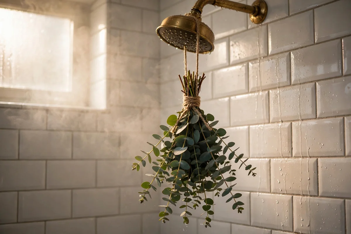 Eucalyptus bundle tied with twine hanging from a brass showerhead in a steamy tiled shower