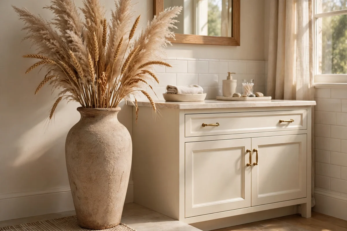 Tall stoneware vase of dried pampas and wheat grasses beside a cream bathroom vanity