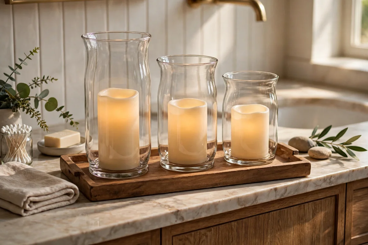 Flameless candles glowing inside glass hurricanes on a wooden tray on a vanity