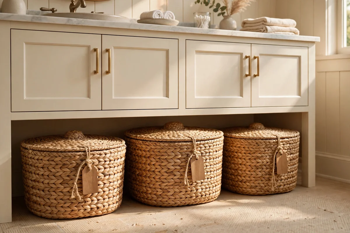 Lidded woven seagrass baskets with wooden tags stored under a cream bathroom vanity
