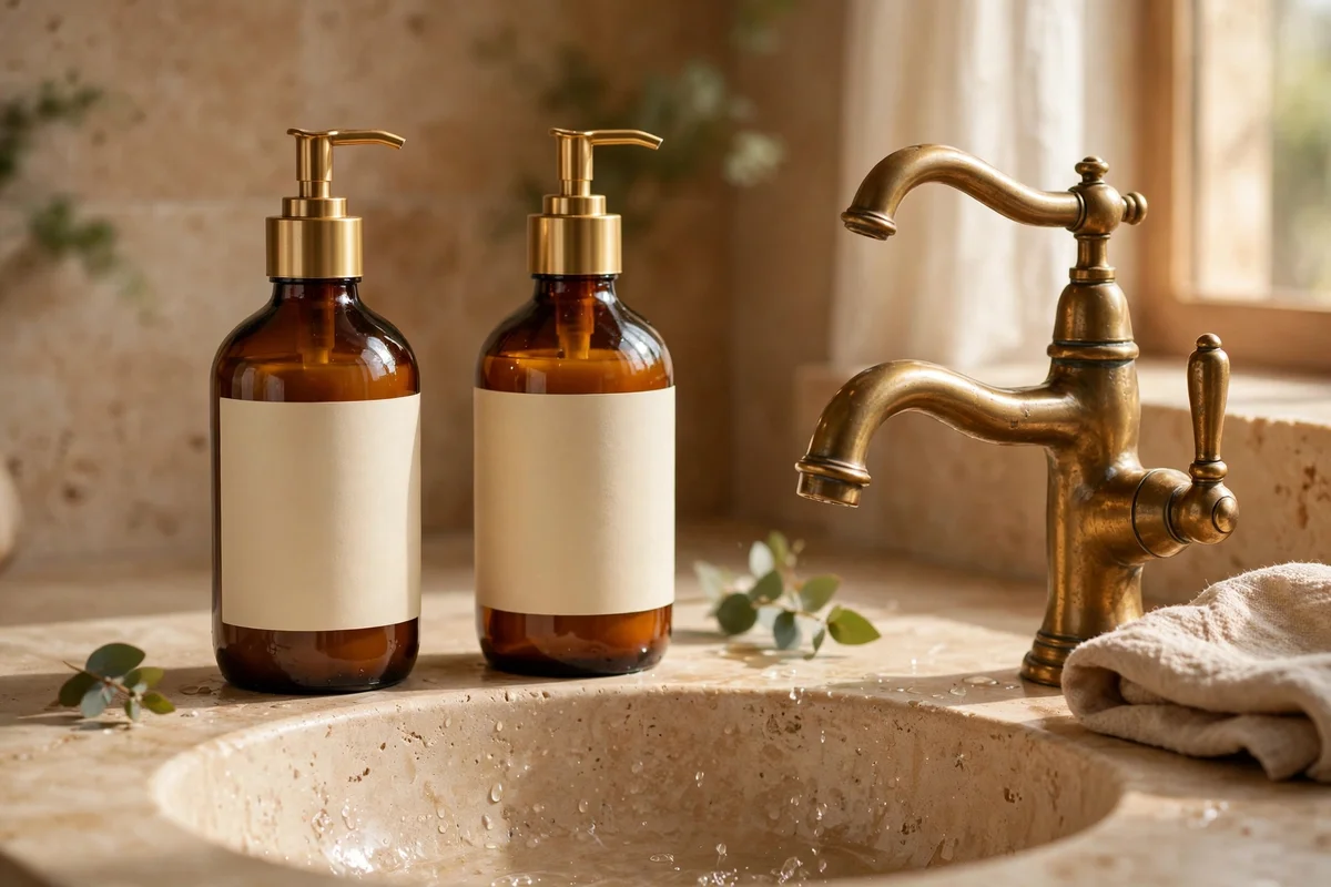 Amber glass pump bottles with cream labels on a bathroom sink beside a brass tap