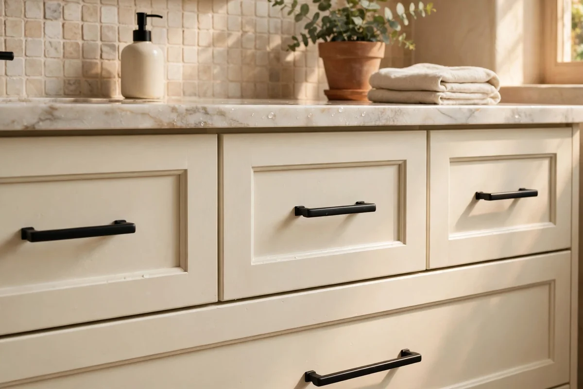 Cream bathroom vanity drawers fitted with matte black bar pulls in close view