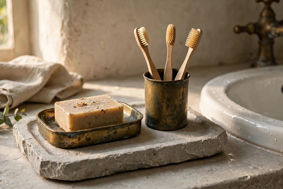 Aged brass soap dish and toothbrush cup on a stone tray beside a bathroom sink