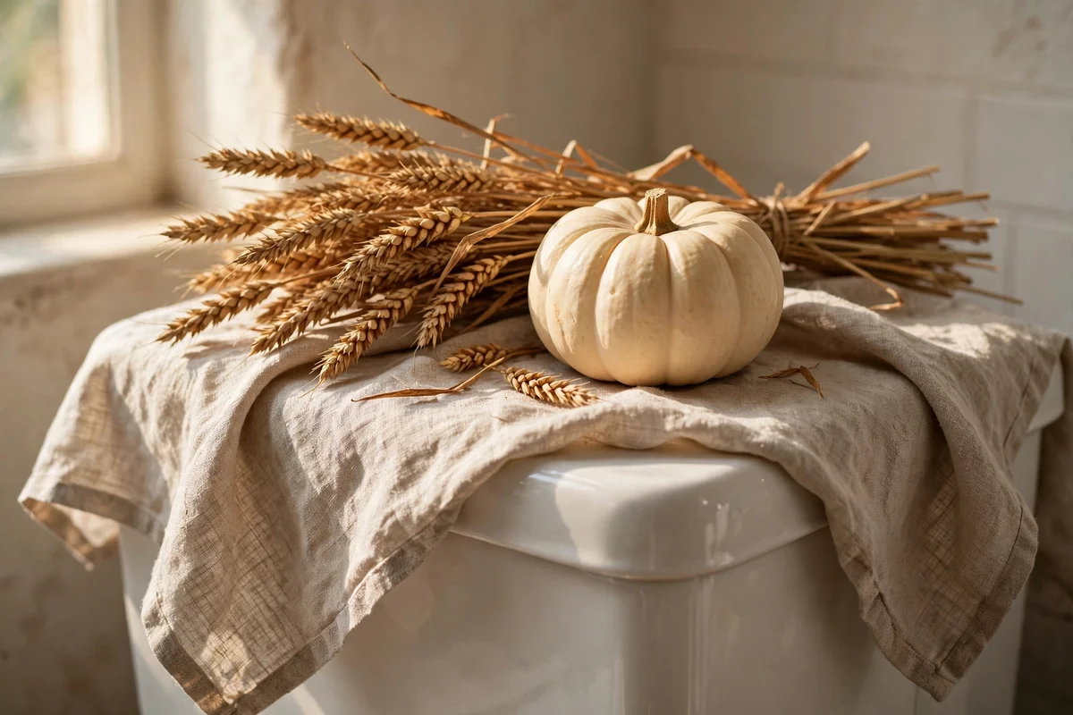 Small cream pumpkin with dried wheat stems styled on a toilet tank over linen cloth