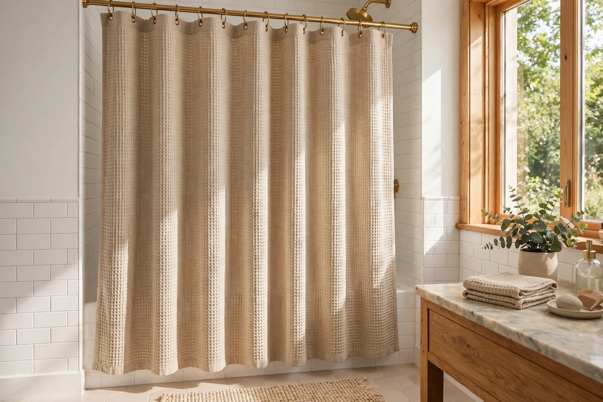 Waffle weave shower curtain in warm oatmeal hanging on brass rings in a bathroom
