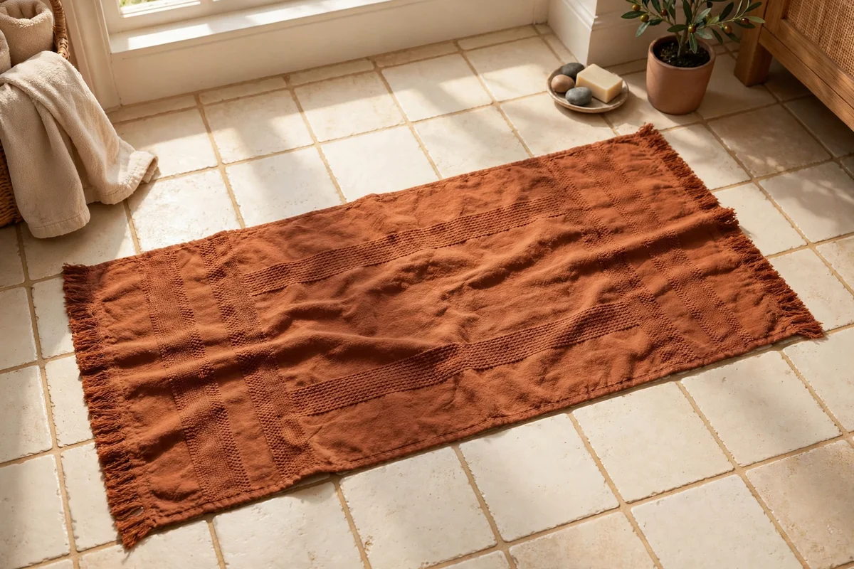 Rust coloured washable cotton bath runner laid on cream bathroom floor tiles