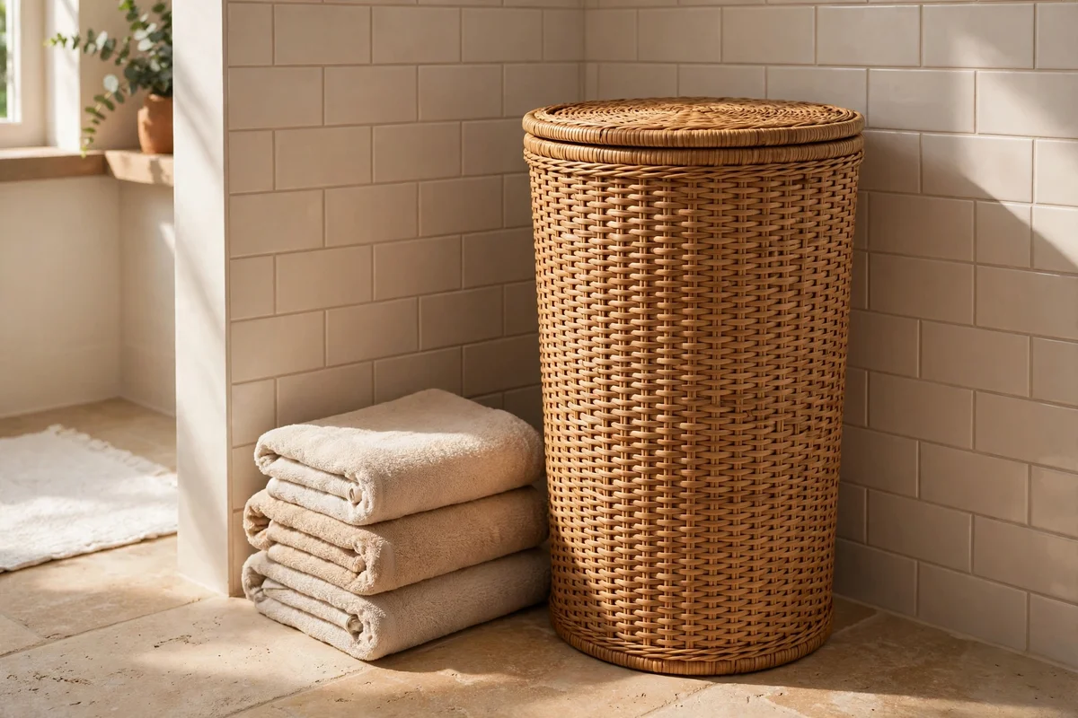 Tall woven rattan hamper with lid in a bathroom corner beside folded towels