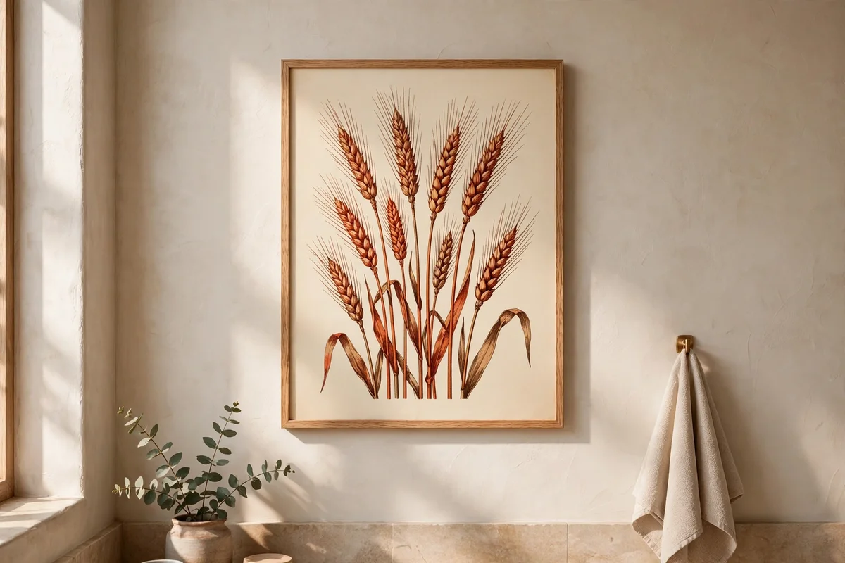 Single framed botanical print of wheat in rust tones in a slim oak frame on a wall