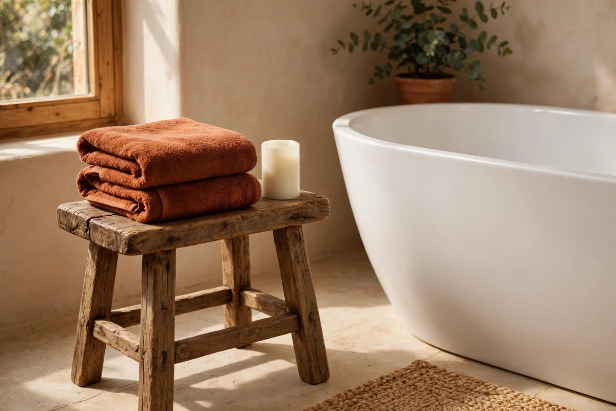 Small wooden stool beside a bathtub holding a folded rust towel and flameless candle