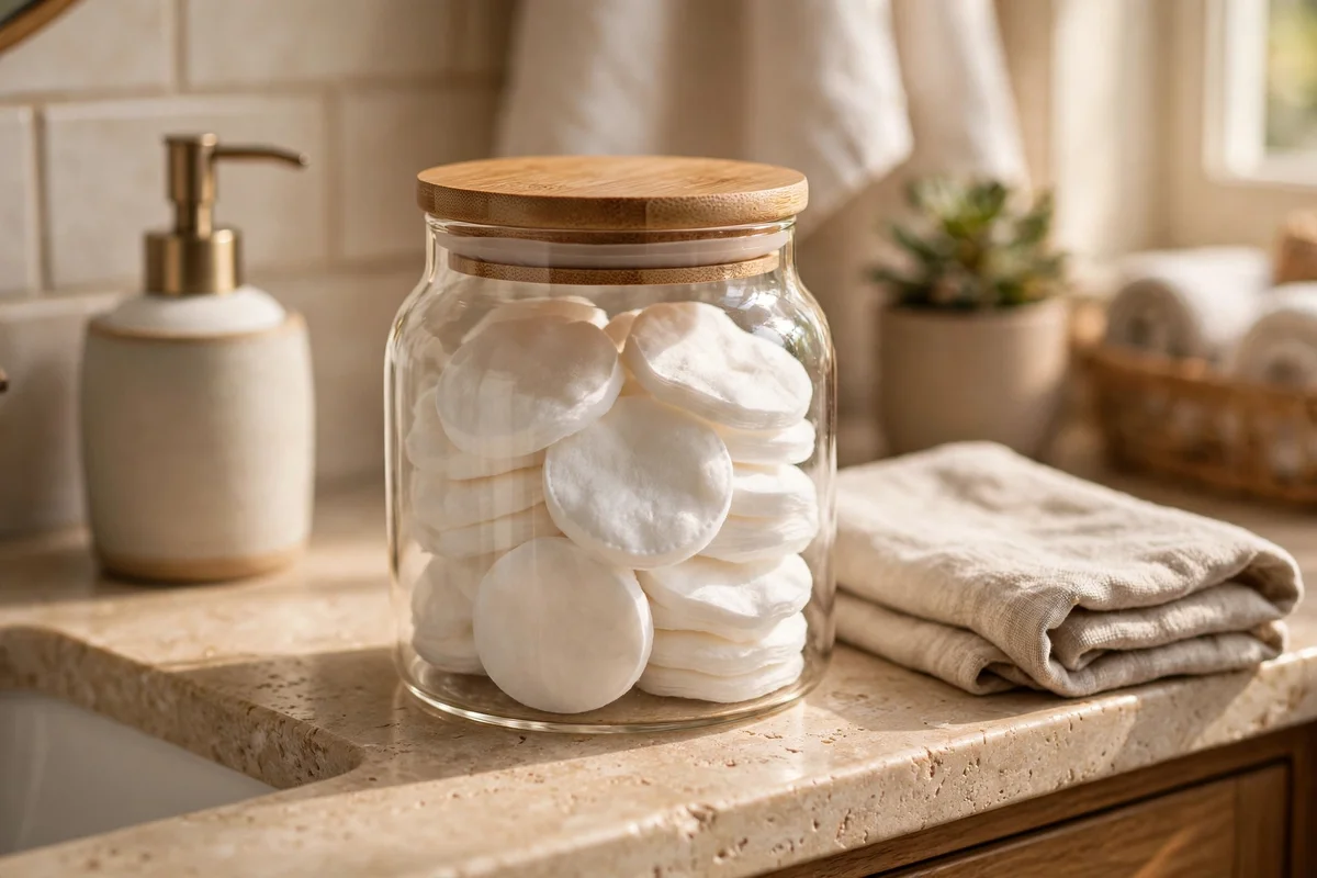 Lidded glass jar with bamboo lid holding cotton rounds on a bathroom counter