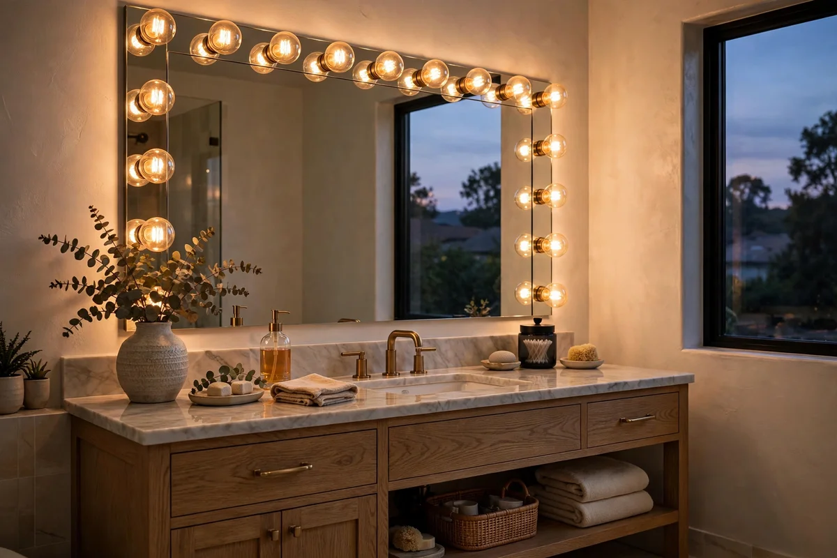 Bathroom vanity mirror glowing with warm 2700K bulbs at dusk