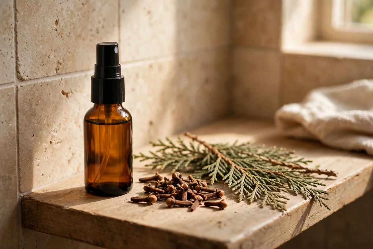 Small amber spray bottle beside dried cloves and cedar sprigs on a bathroom shelf