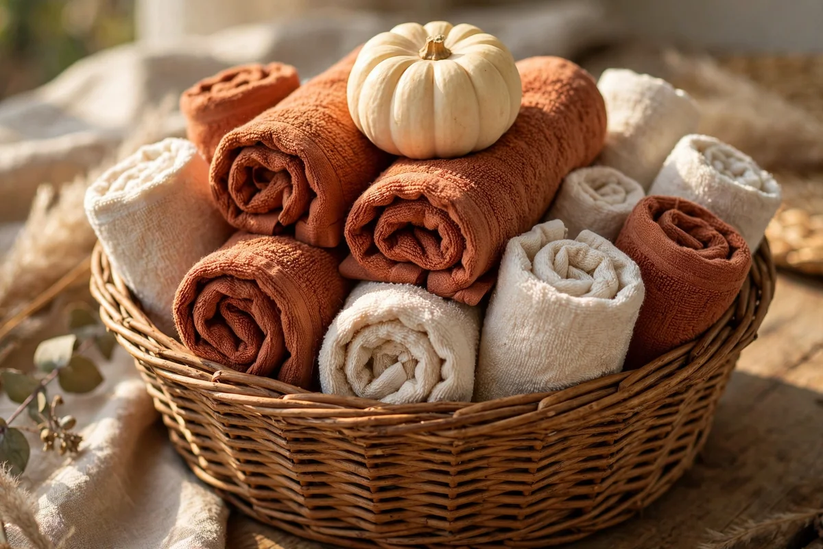 Woven basket of rolled rust and cream hand towels topped with a small cream pumpkin