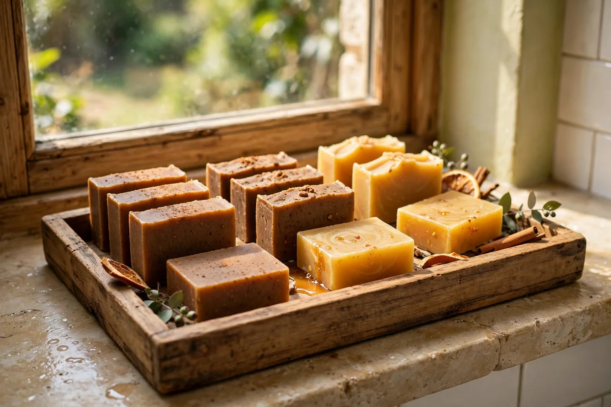 Wooden tray of guest soap bars in cinnamon and honey tones on a bathroom windowsill