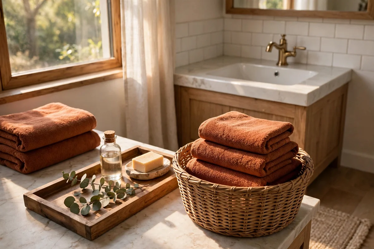 Tidy autumn bathroom with folded rust towels, wooden tray and woven basket in morning light