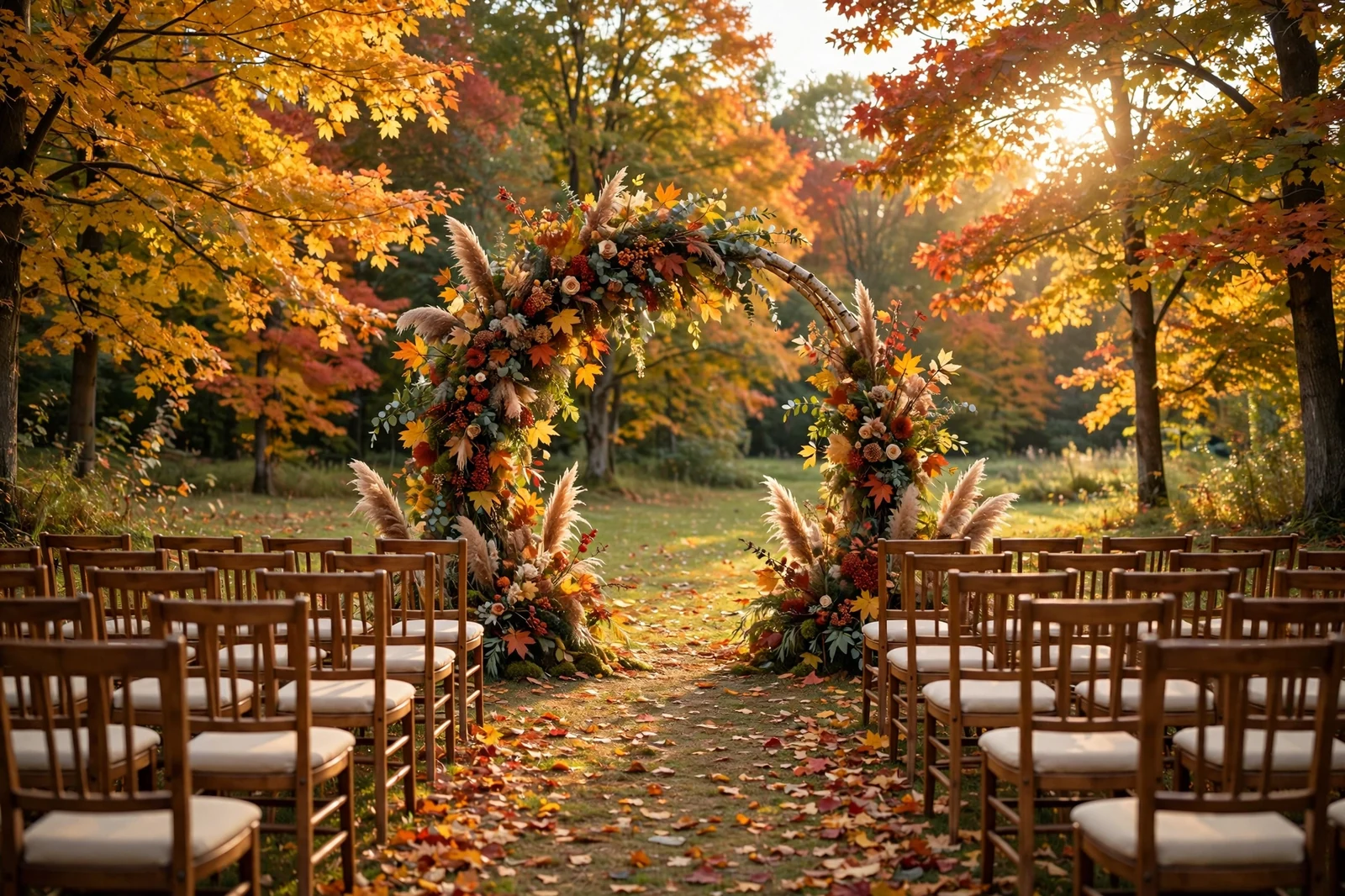 Outdoor autumn wedding ceremony with a lush foliage arch and wooden chairs in golden light