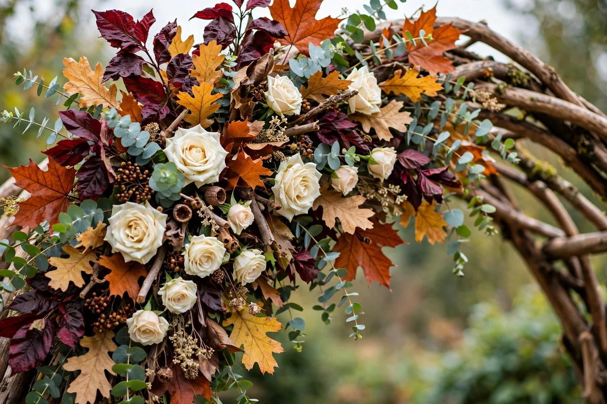 Wedding ceremony arch layered with autumn foliage and roses