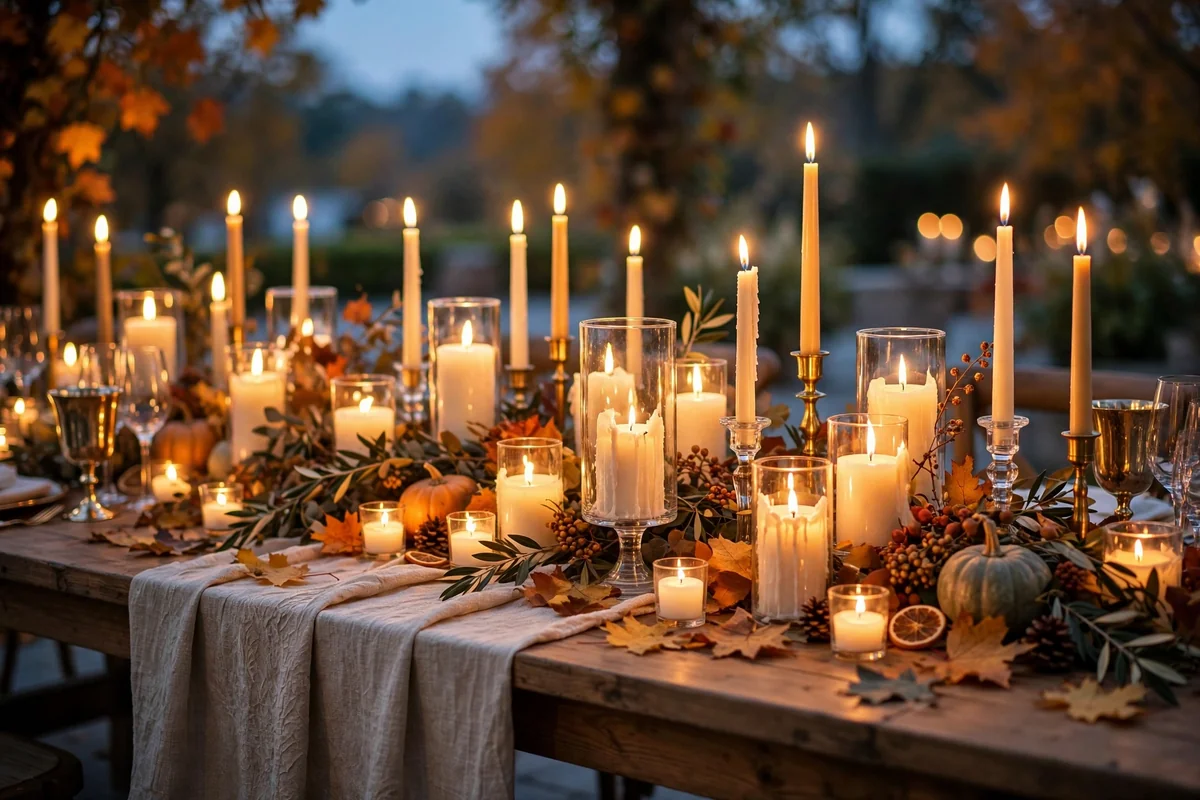 Wedding reception table covered with glowing candles at dusk