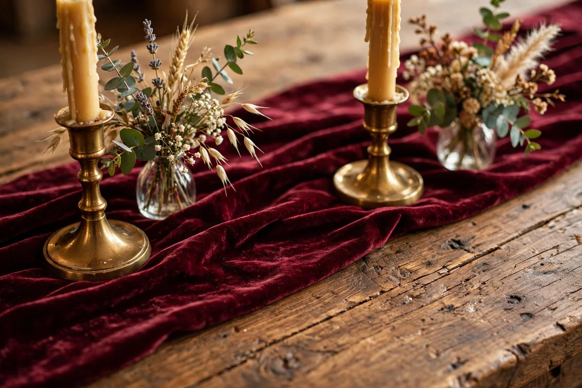 Rustic farm table with a burgundy velvet runner and brass candlesticks