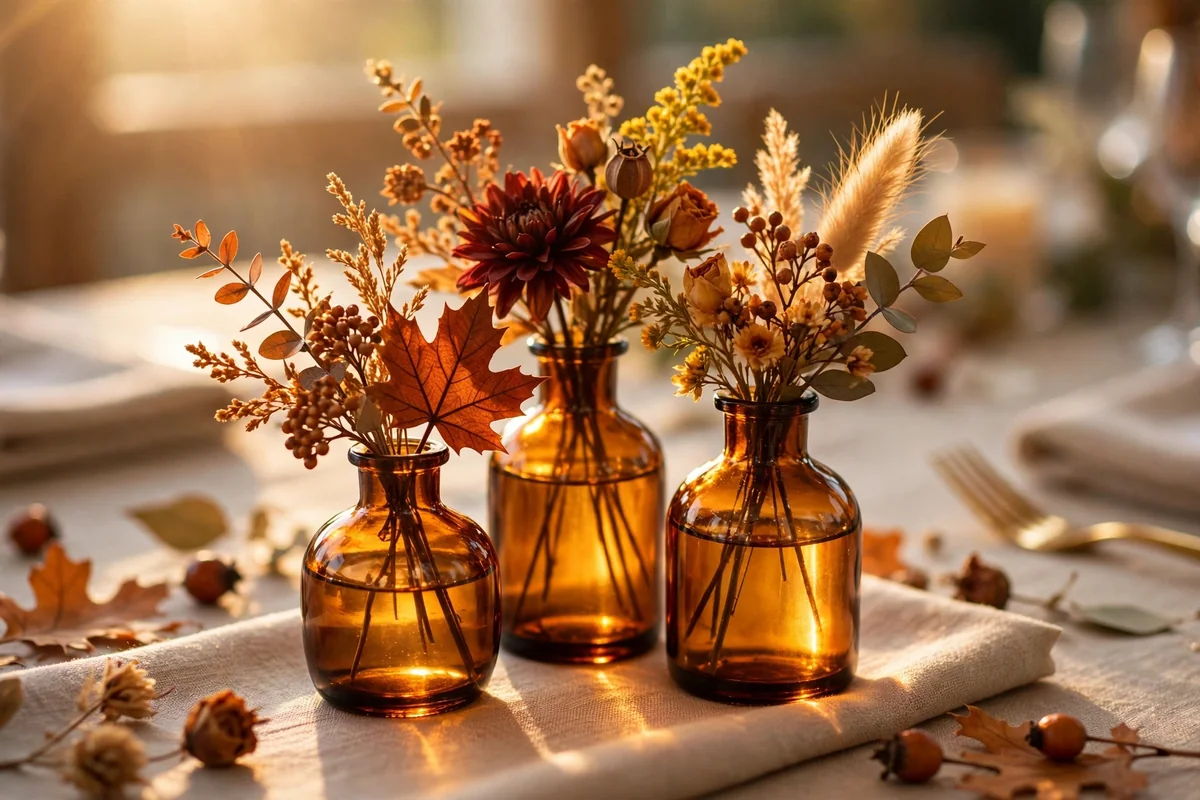 Amber glass bud vases with autumn flowers glowing in sunlight