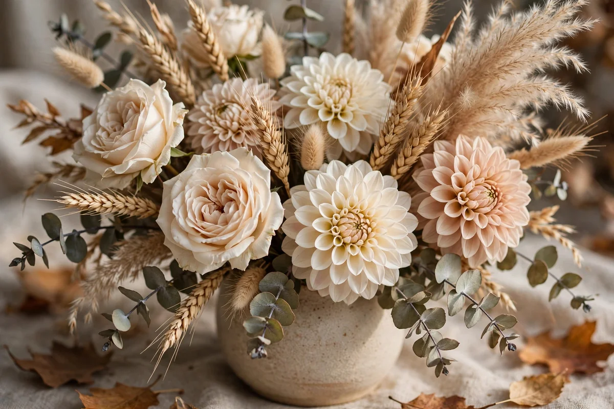 Autumn floral arrangement mixing fresh roses with dried pampas grass