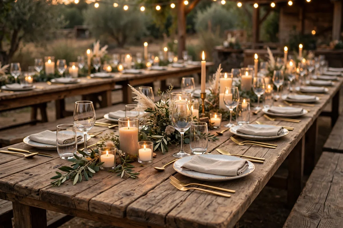 Long bare wooden farm tables set for a wedding reception