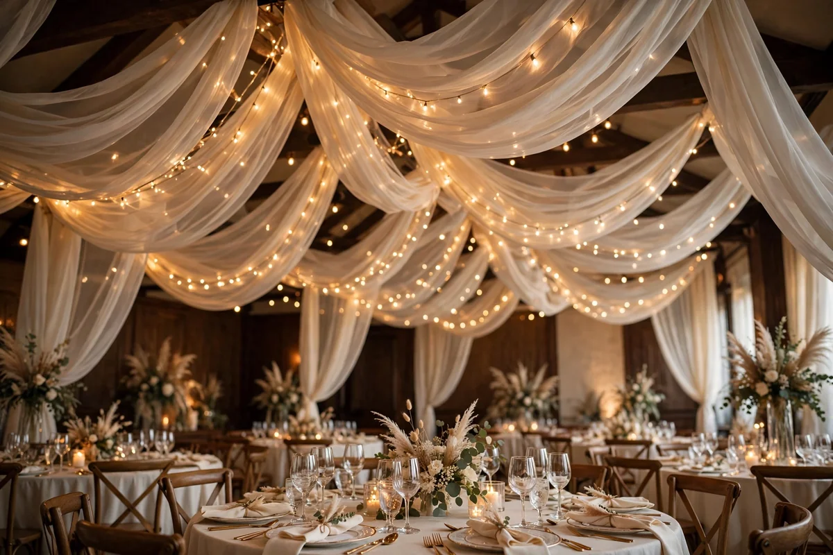 Reception ceiling with flowing chiffon drapes and string lights