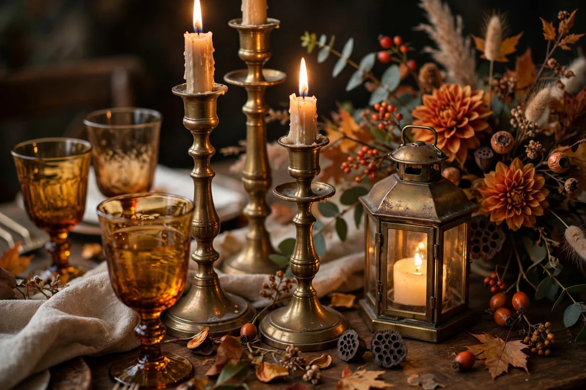 Autumn wedding table with antique brass candlesticks and decor