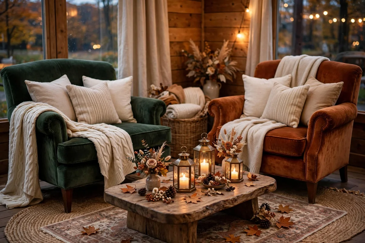 Cozy wedding lounge with velvet armchairs, blankets and lanterns