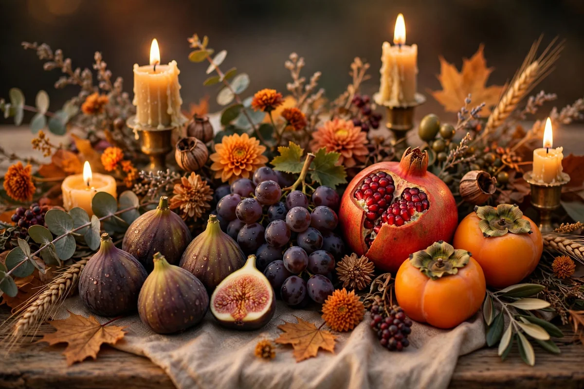 Wedding centerpiece with figs, pomegranates and grapes among flowers