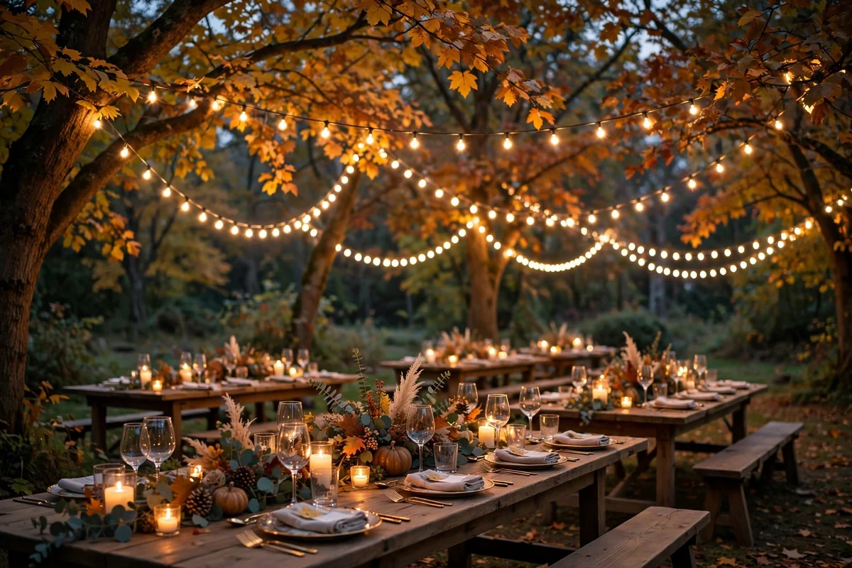Outdoor wedding reception at dusk with string lights between trees