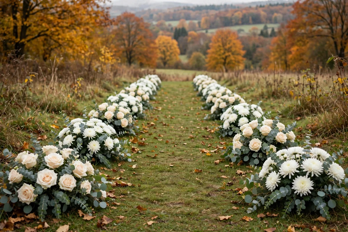 Wedding ceremony aisle with cream and sage floral clusters