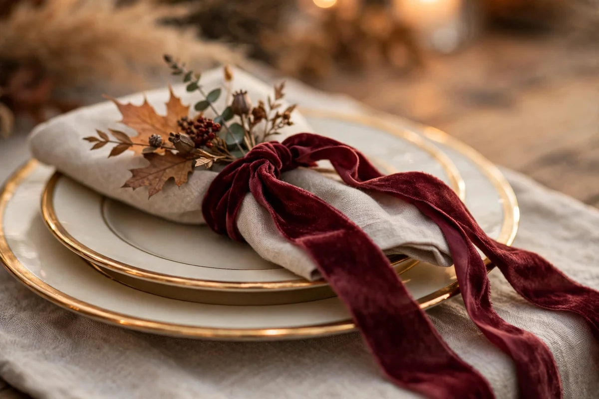 Wedding place setting with burgundy velvet ribbon on a linen napkin