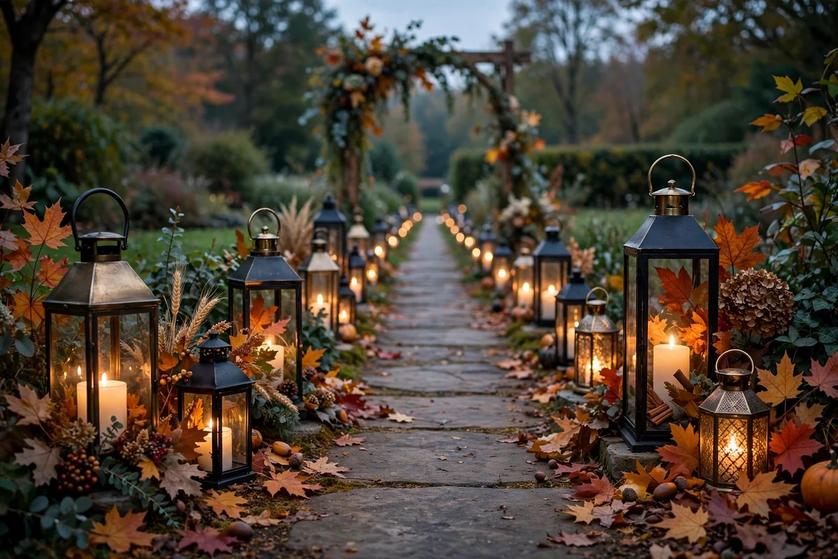 Wedding pathway lined with glowing lanterns at dusk