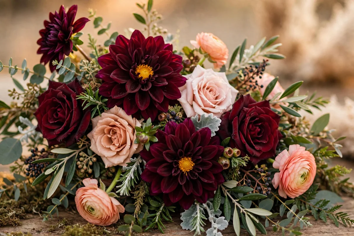 Burgundy wedding centerpiece with dahlias softened by blush blooms