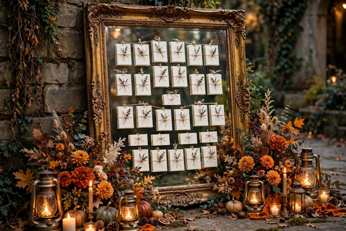 Antique mirror seating chart framed with autumn flowers and lanterns