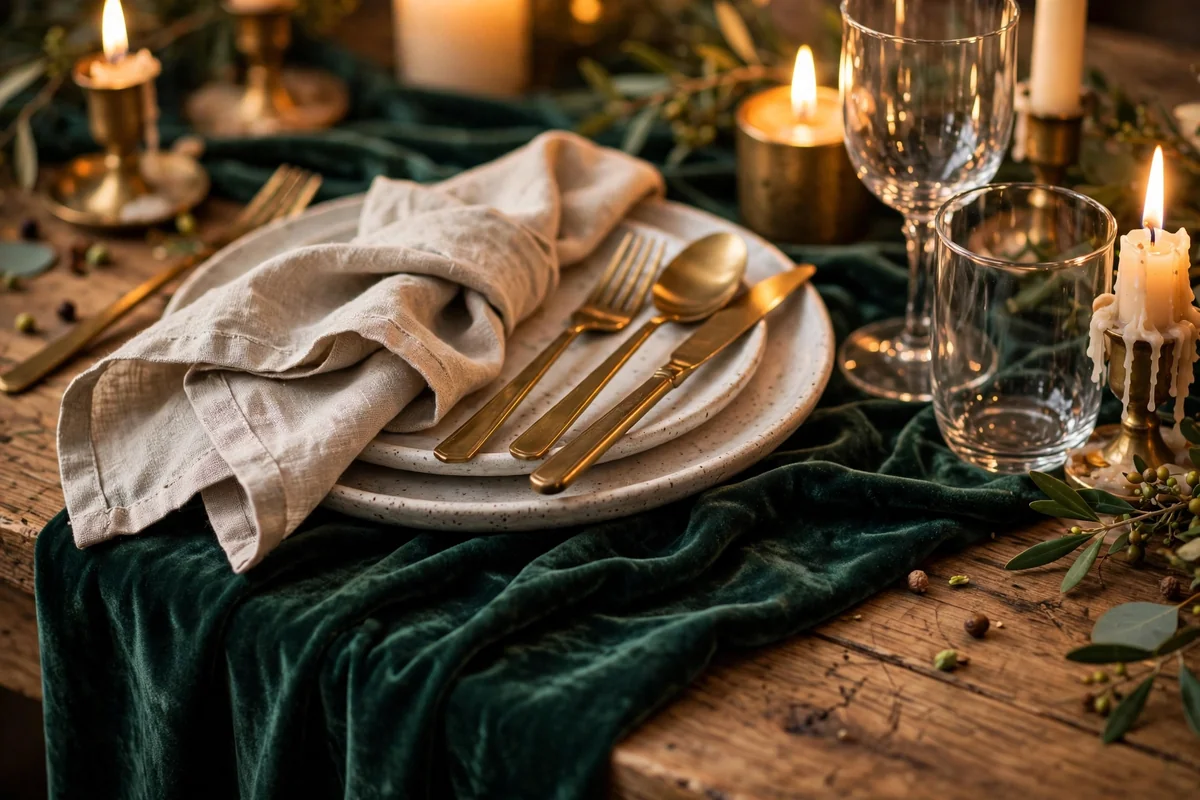 Wedding table layering linen, velvet, wood, brass and glass textures