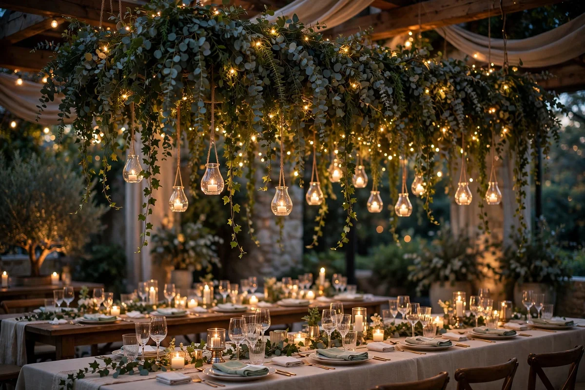 Hanging greenery installation with lights above wedding tables