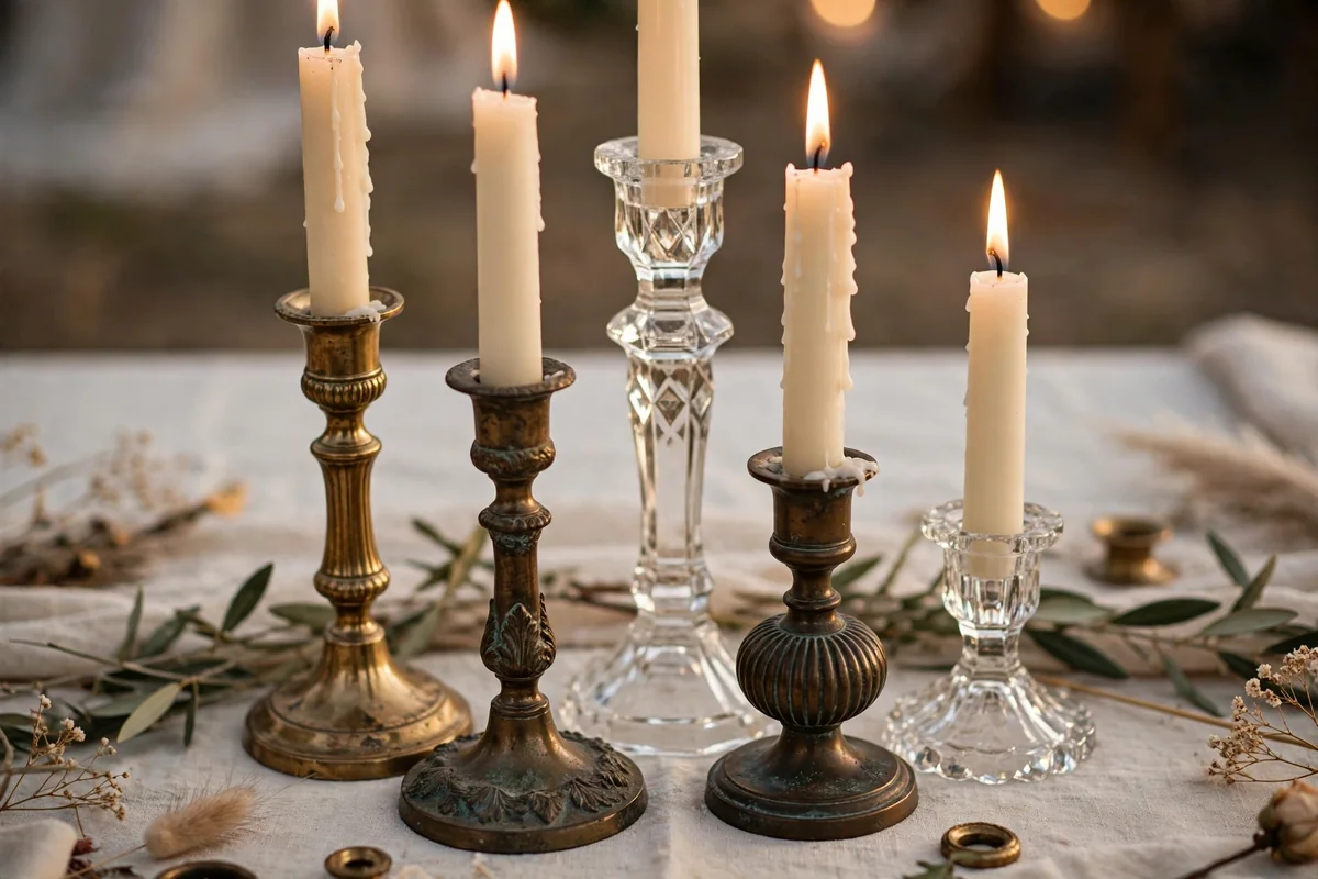 Mismatched vintage candlesticks with ivory tapers on a wedding table