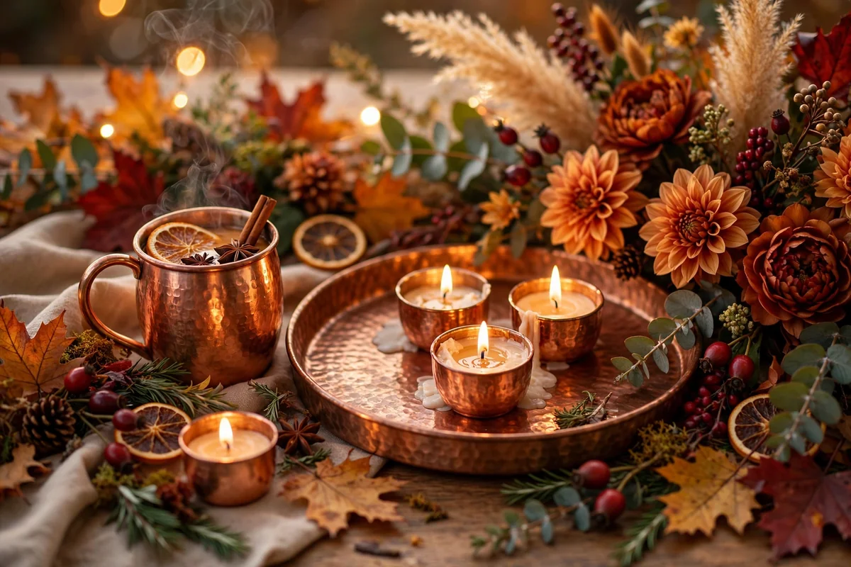 Autumn wedding tablescape with copper mugs and candle holders